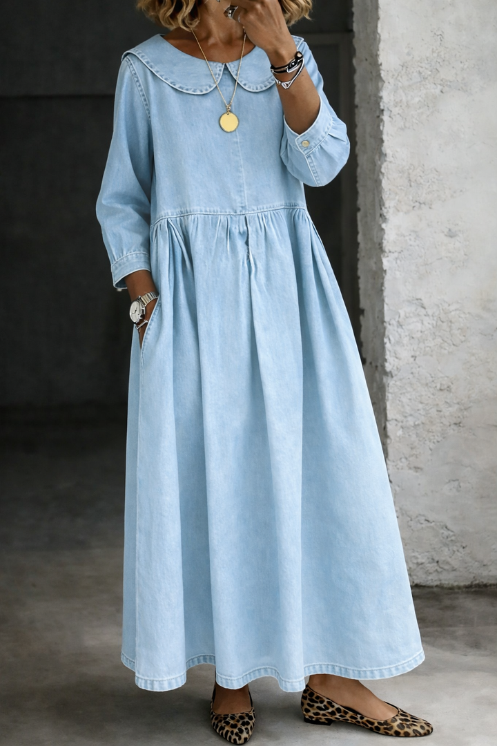 Leonor - Denim Jurk met Peter Pan Kraag