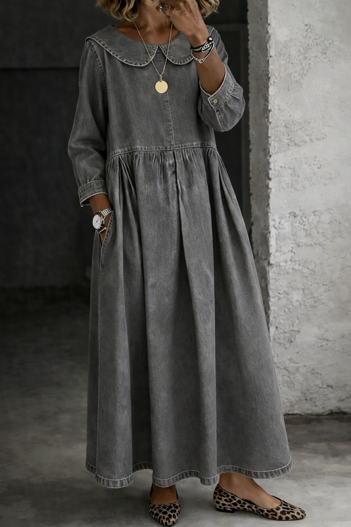Leonor - Denim Jurk met Peter Pan Kraag