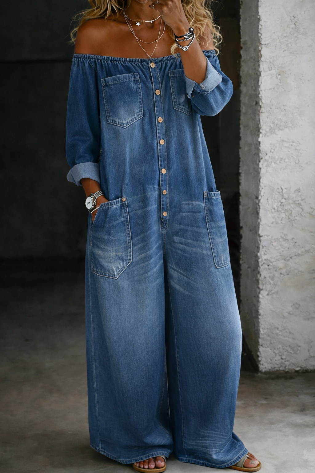 Helena - Lange Mouwen Jumpsuit met Ontblote Schouders