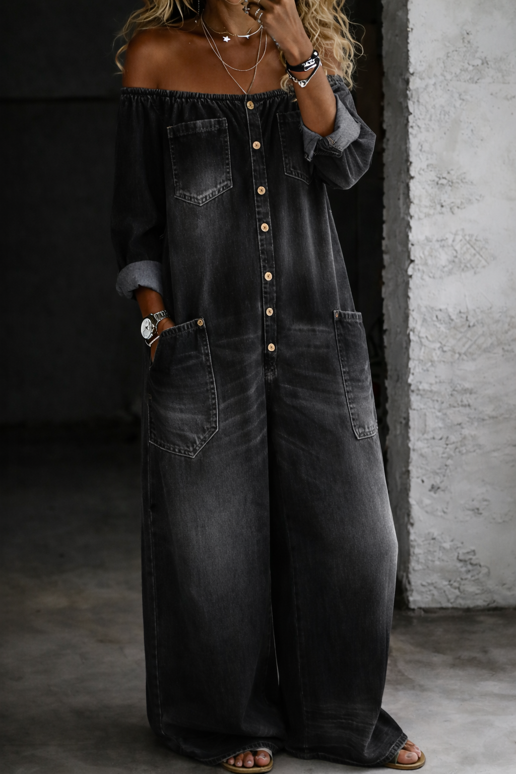 Helena - Lange Mouwen Jumpsuit met Ontblote Schouders