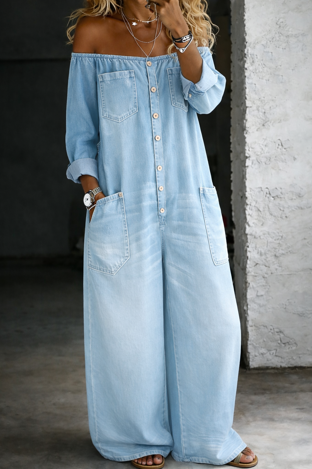 Helena - Lange Mouwen Jumpsuit met Ontblote Schouders