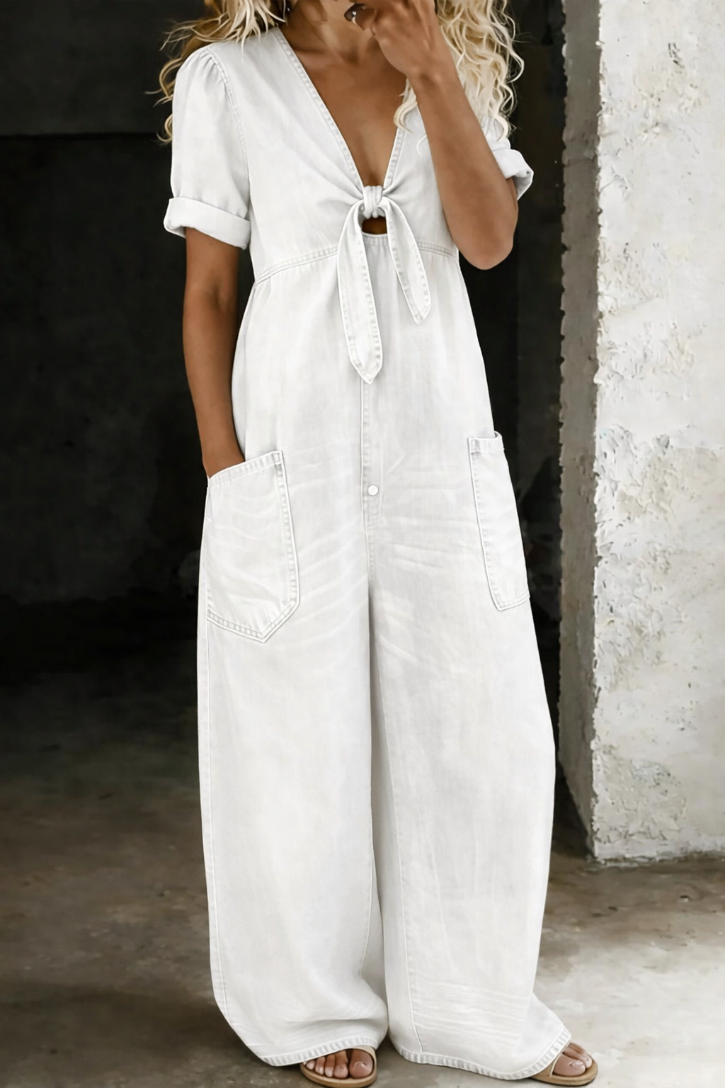 Olga - Korte Mouw Jumpsuit met V-Hals
