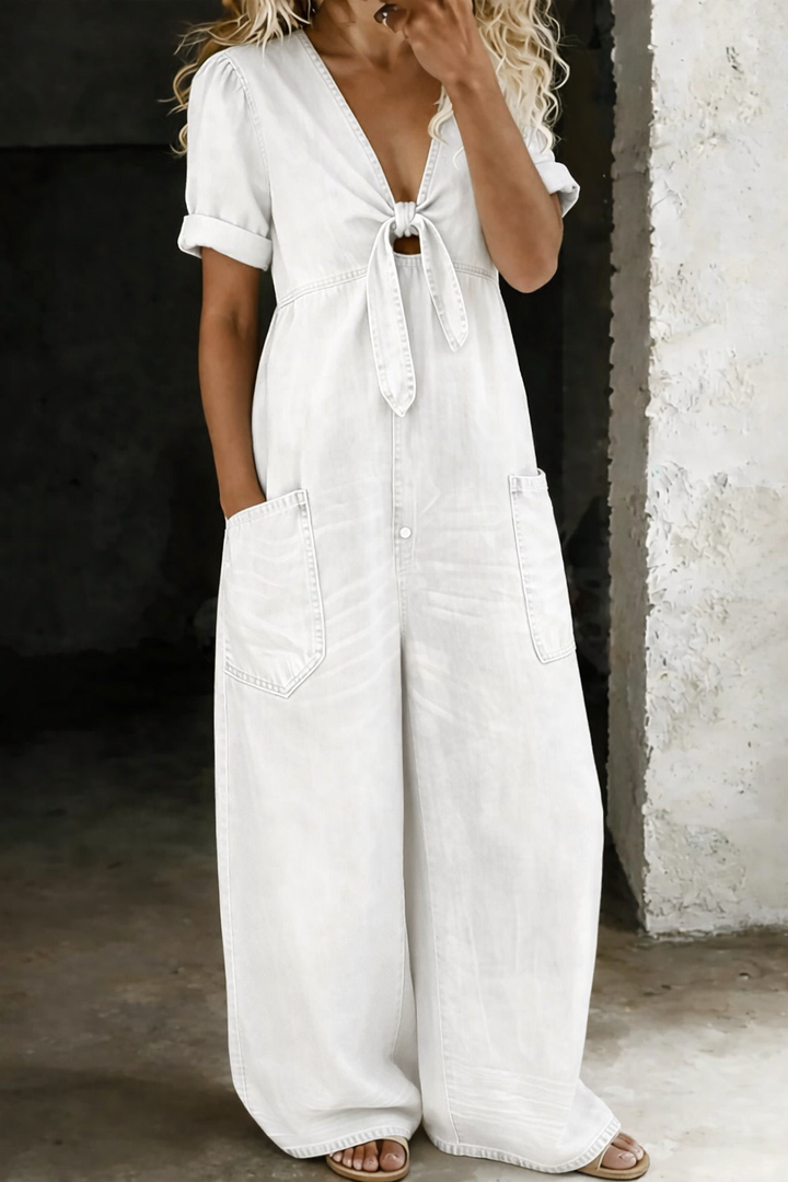 Olga - Korte Mouw Jumpsuit met V-Hals