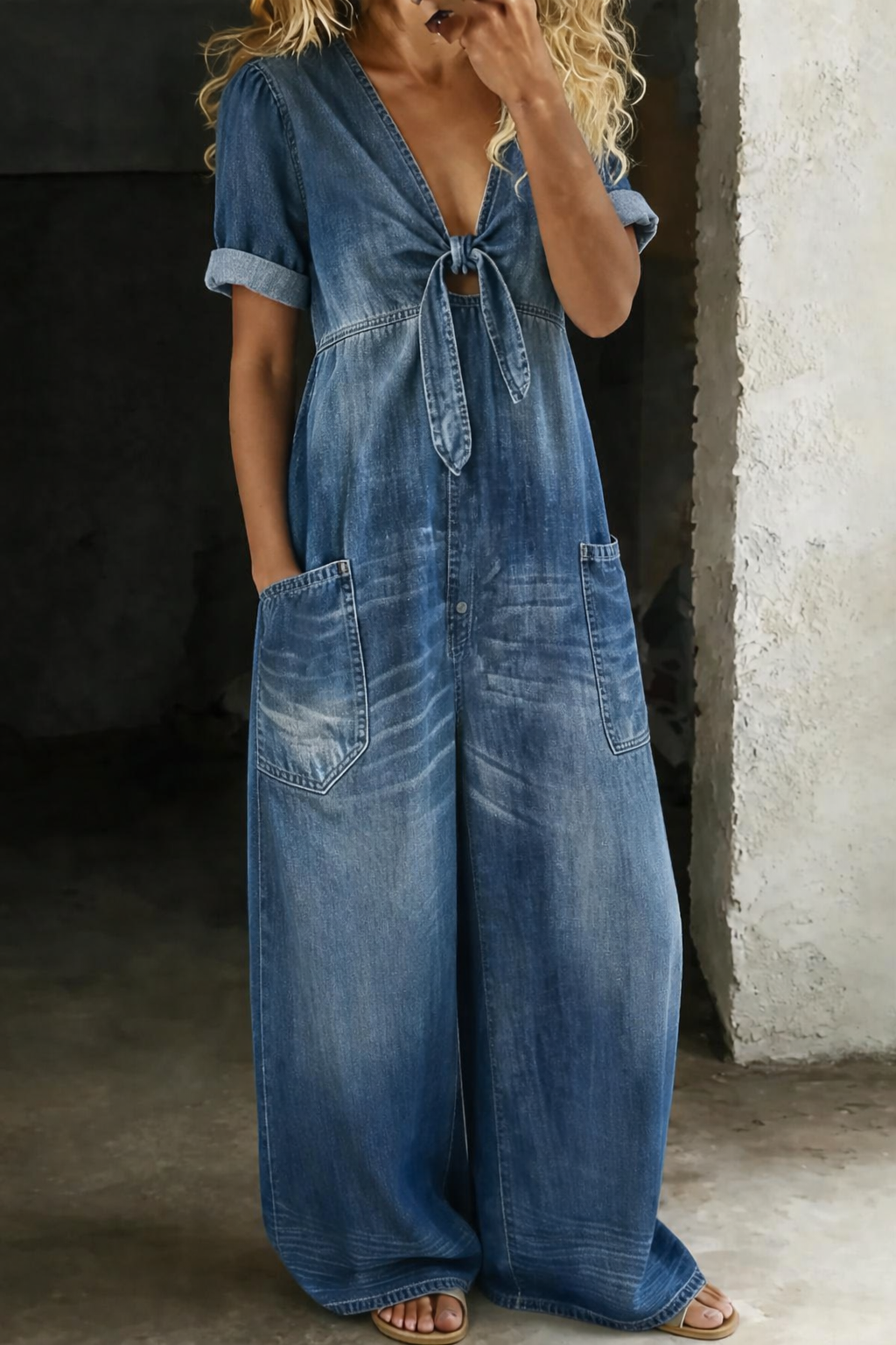Olga - Korte Mouw Jumpsuit met V-Hals