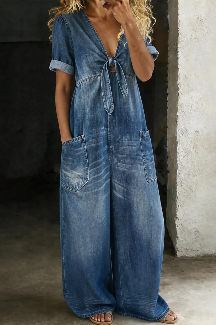 Olga - Korte Mouw Jumpsuit met V-Hals