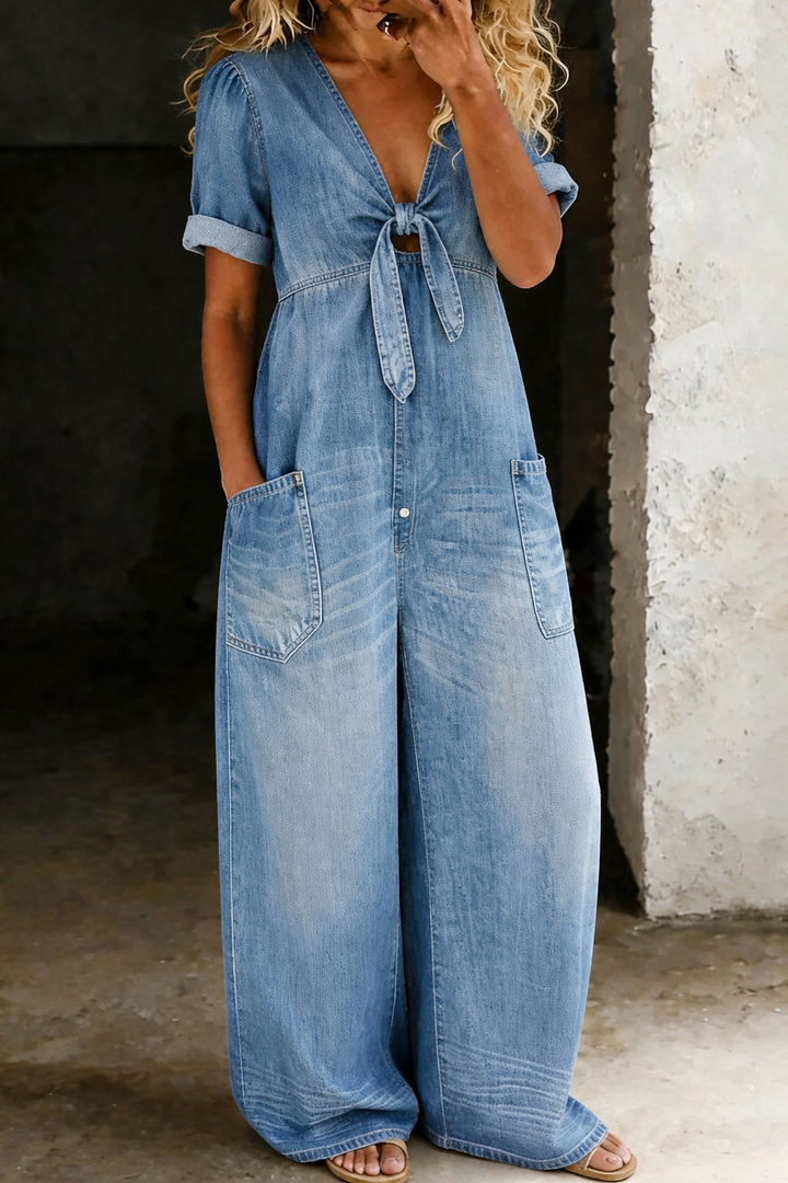 Olga - Korte Mouw Jumpsuit met V-Hals