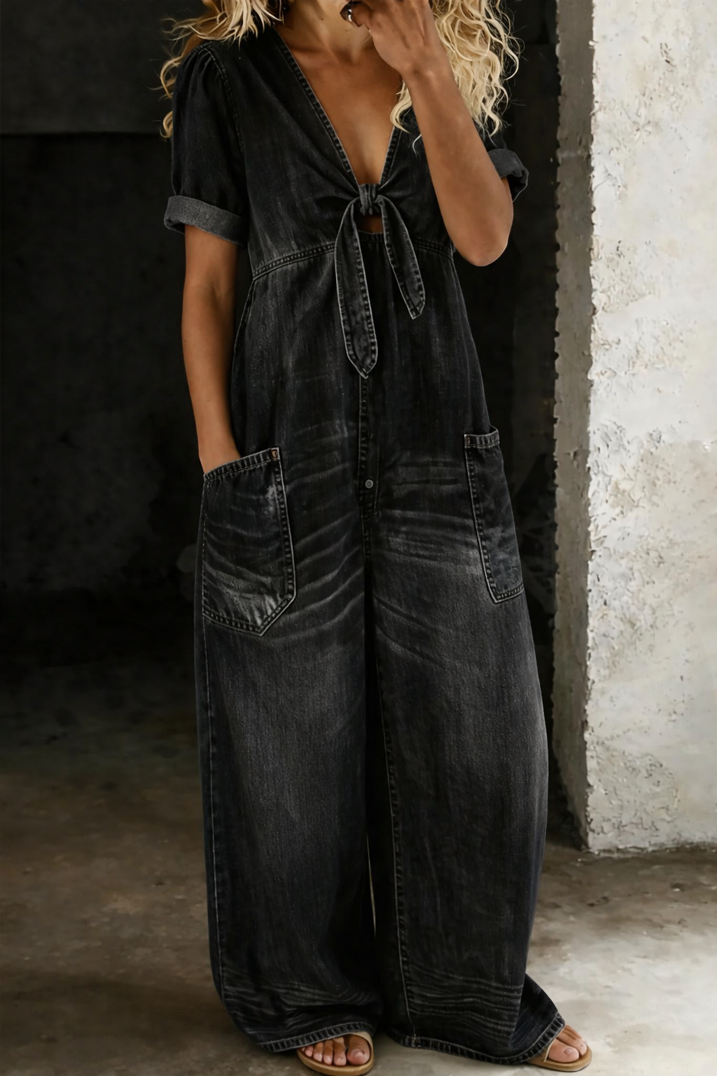 Olga - Korte Mouw Jumpsuit met V-Hals
