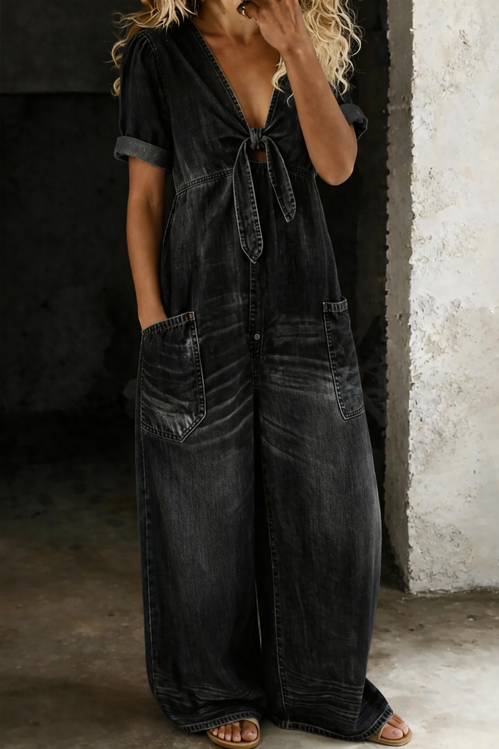 Olga - Korte Mouw Jumpsuit met V-Hals