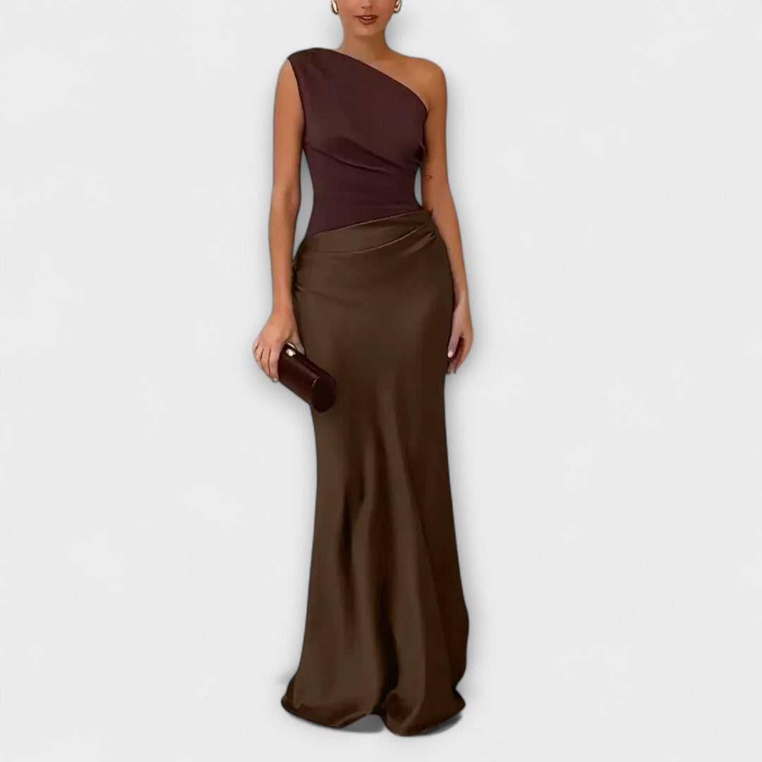 Elegante Een-Schouder Plissé Maxi Jurk