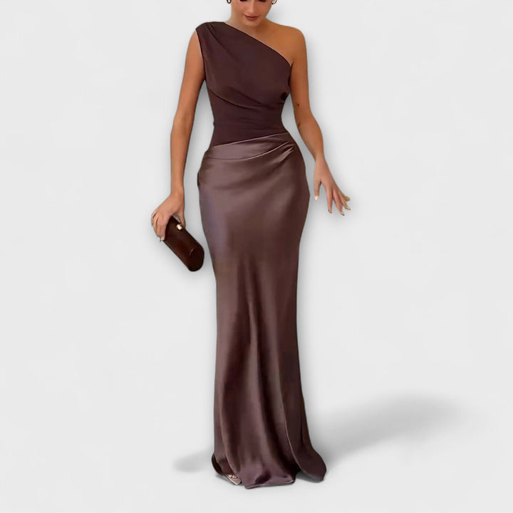 Elegante Een-Schouder Plissé Maxi Jurk