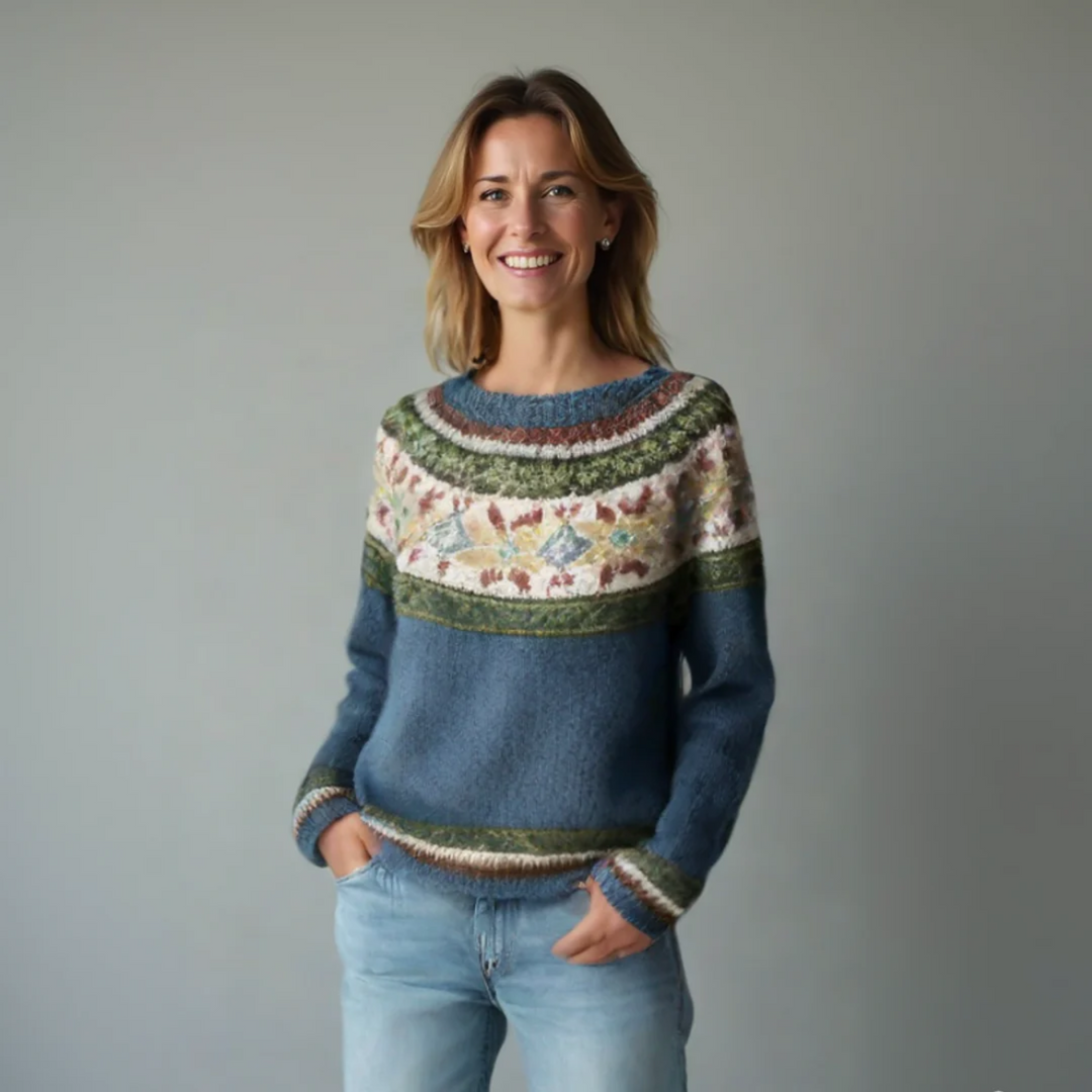 Selene | Ribgebreide trui met ronde hals en gestreepte pas voor dames