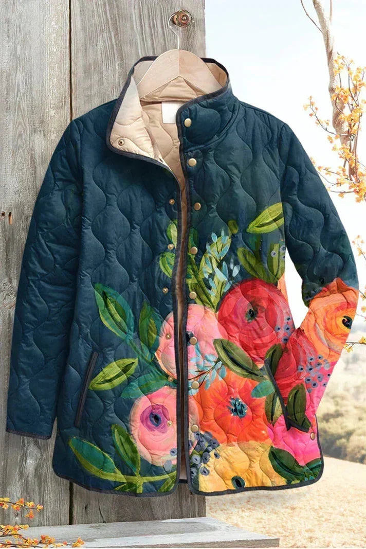 Florie – Gewatteerde jas met bloemenprint en teddykraag, jeansblauw