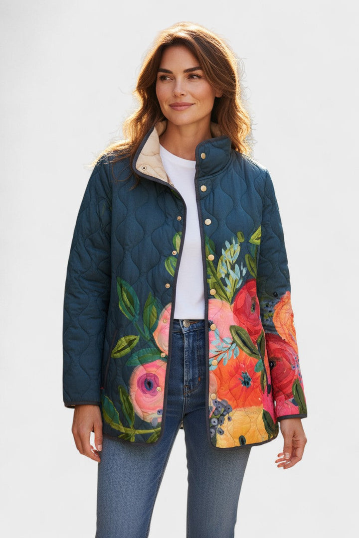 Florie – Gewatteerde jas met bloemenprint en teddykraag, jeansblauw