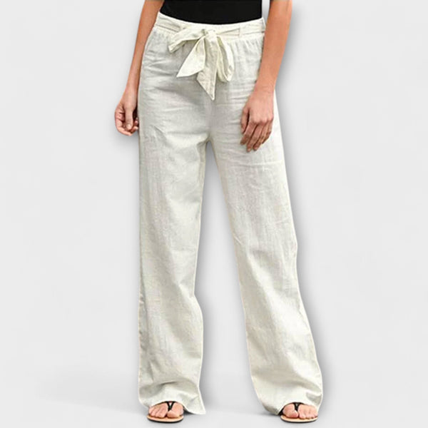 Lorena – Witte Linnen Broek met Strikceintuur