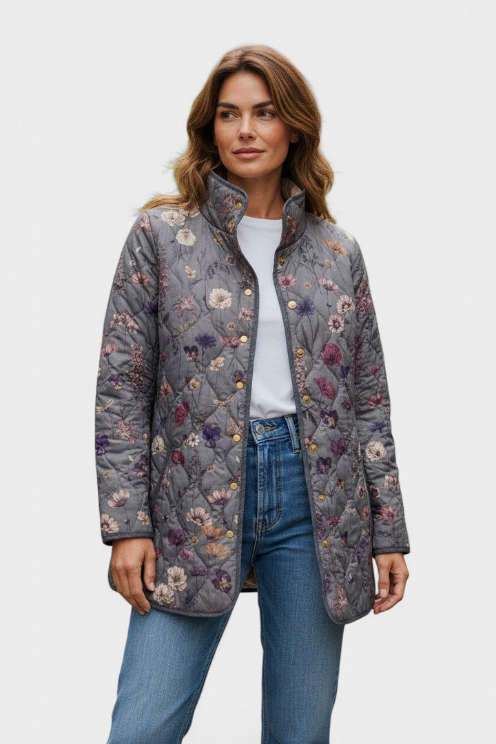 Lada – Gewatteerde jas met fijne bloemenprint, grijs en lila