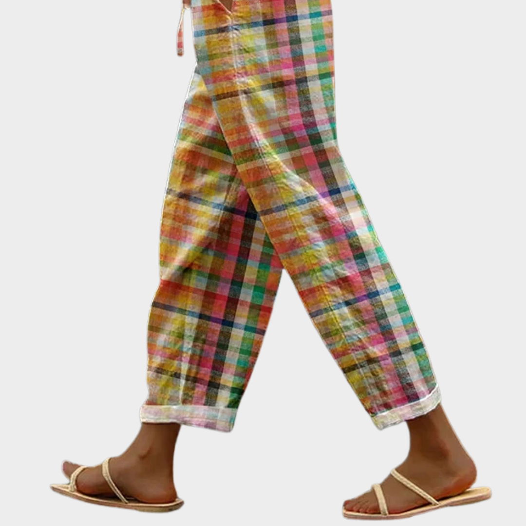 Valerie | Geruite linnen 7/8-broek met trekkoord voor dames