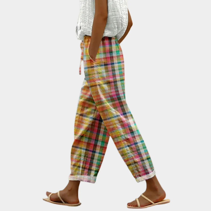 Valerie | Geruite linnen 7/8-broek met trekkoord voor dames