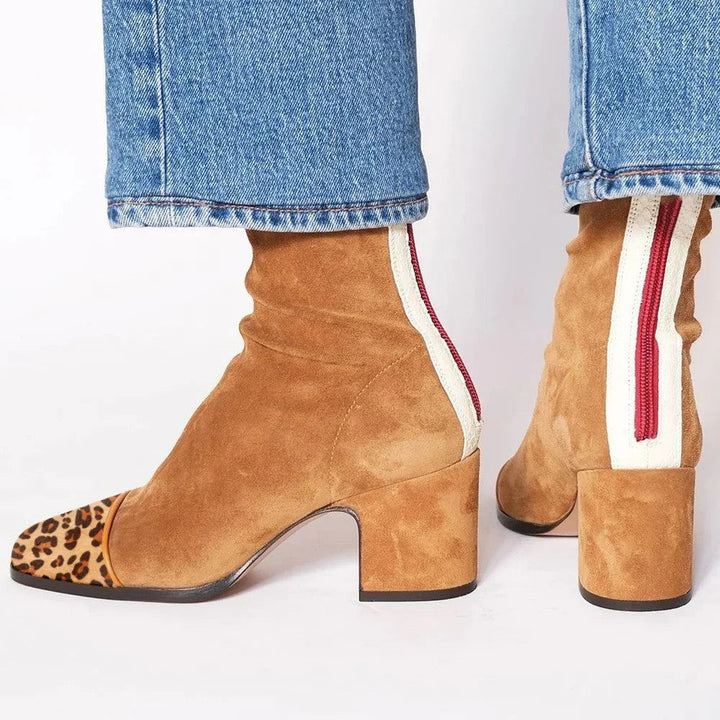 Fabienne | Suède bottines met vierkante neus, blokhak en contraststreep voor dames