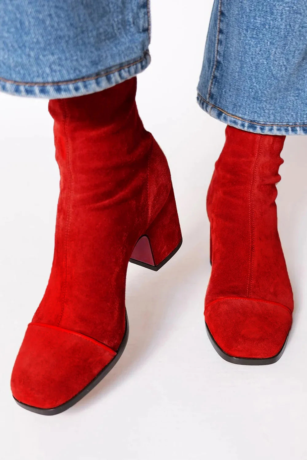 Fabienne | Suède bottines met vierkante neus, blokhak en contraststreep voor dames