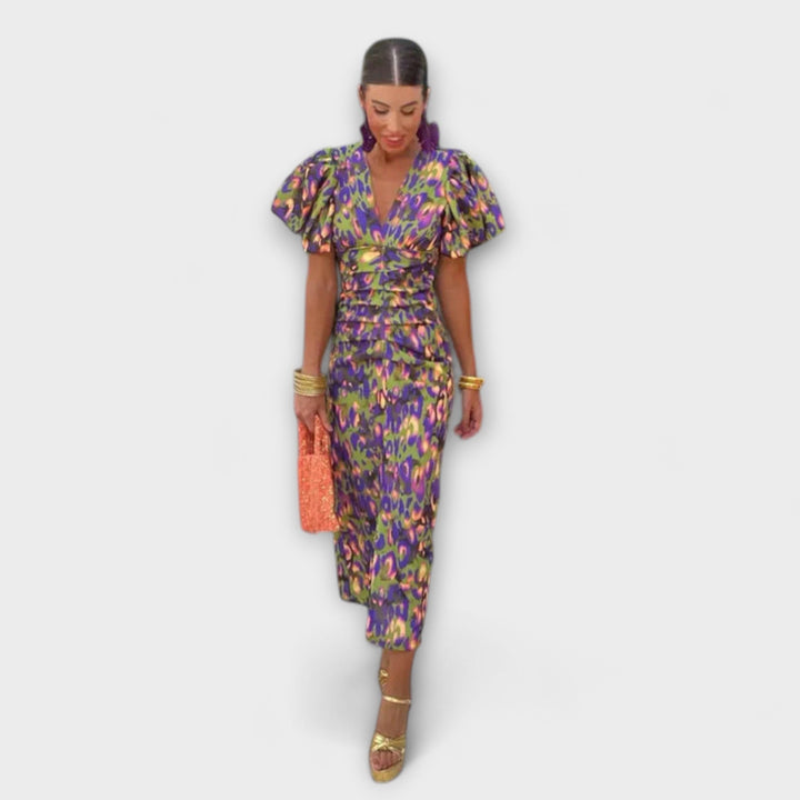 Simona - Elegante jurk met V-hals en pofmouwen
