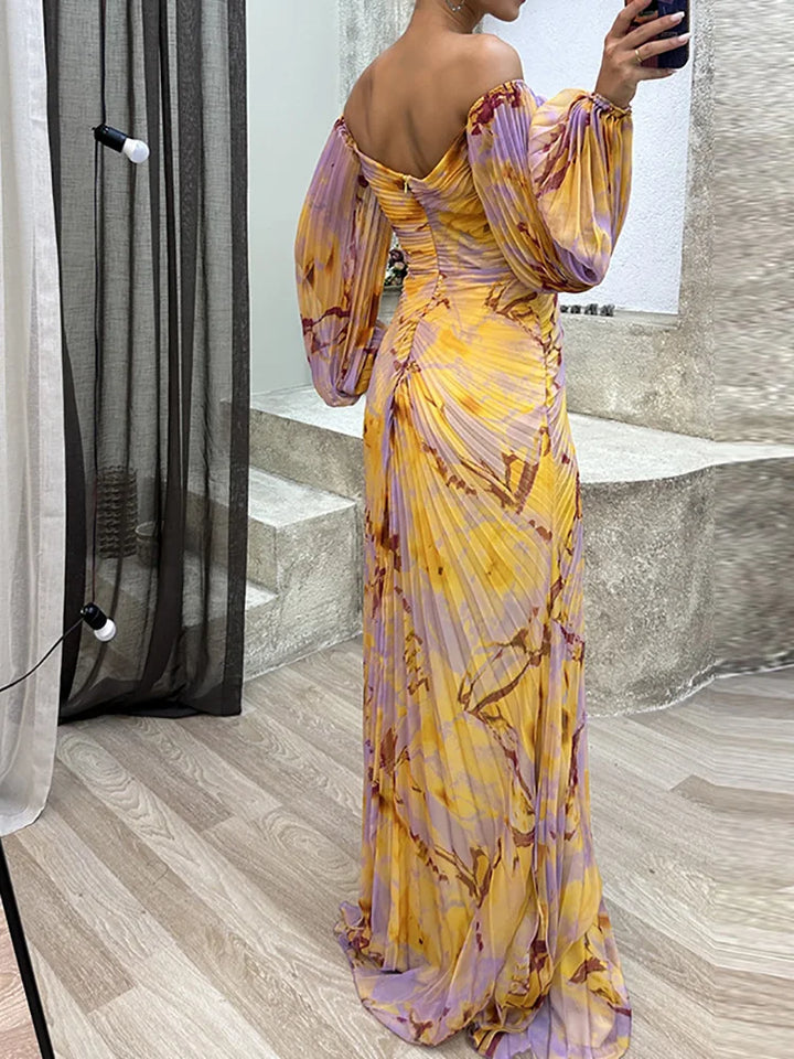 Ilaria | Off-shoulder maxijurk met gedrapeerde driekwartmouwen voor trouwgasten
