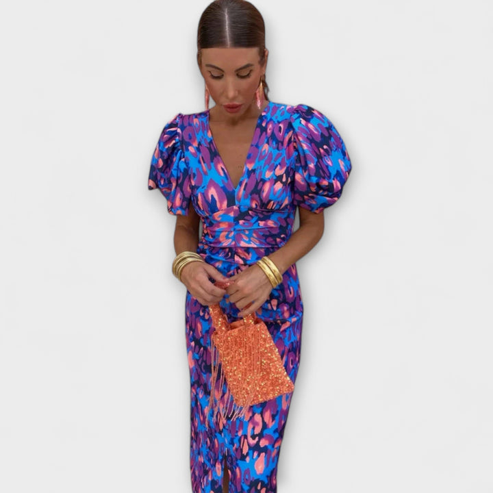 Simona - Elegante jurk met V-hals en pofmouwen