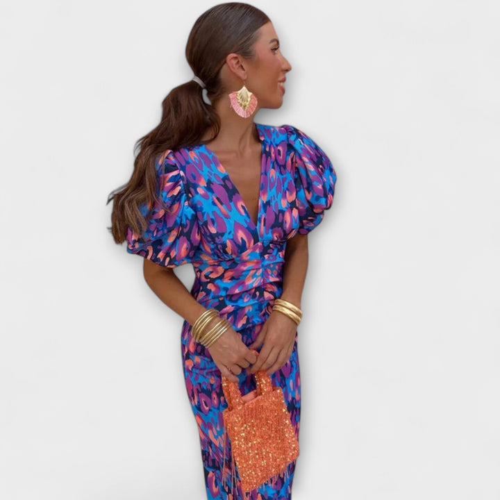 Simona - Elegante jurk met V-hals en pofmouwen