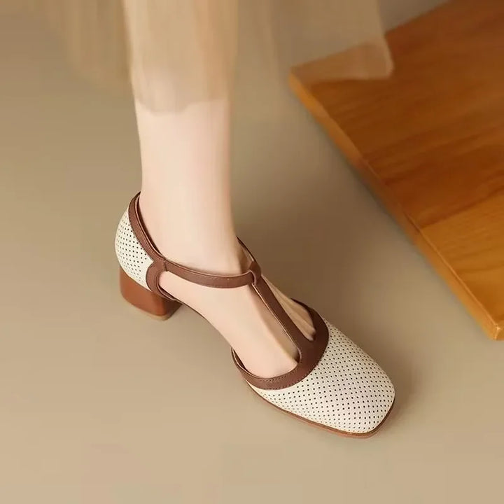 Helene – Tweekleurige T-bandschoenen met blokhak