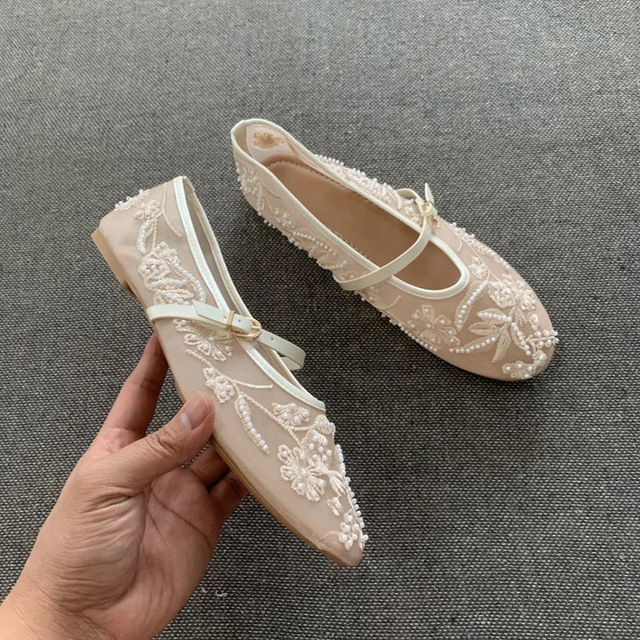 Rosalie Pearl - Mary Jane Ballerina's Geborduurd met Parels