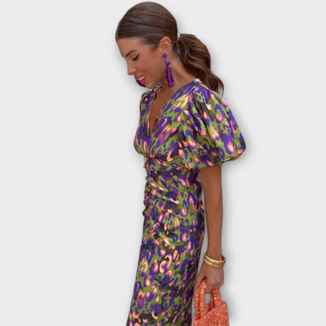 Simona - Elegante jurk met V-hals en pofmouwen
