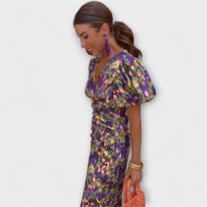 Simona - Elegante jurk met V-hals en pofmouwen