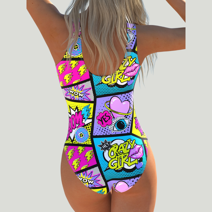 Suzanne - Eendelig badpak met pop-art stripprint