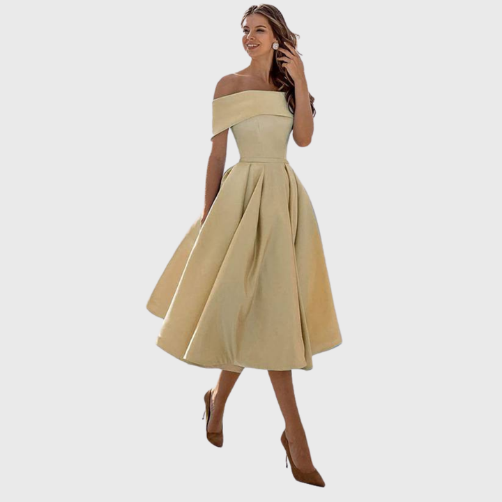 Romy - Chic Off-the-Shoulder Drapé Maxikleed