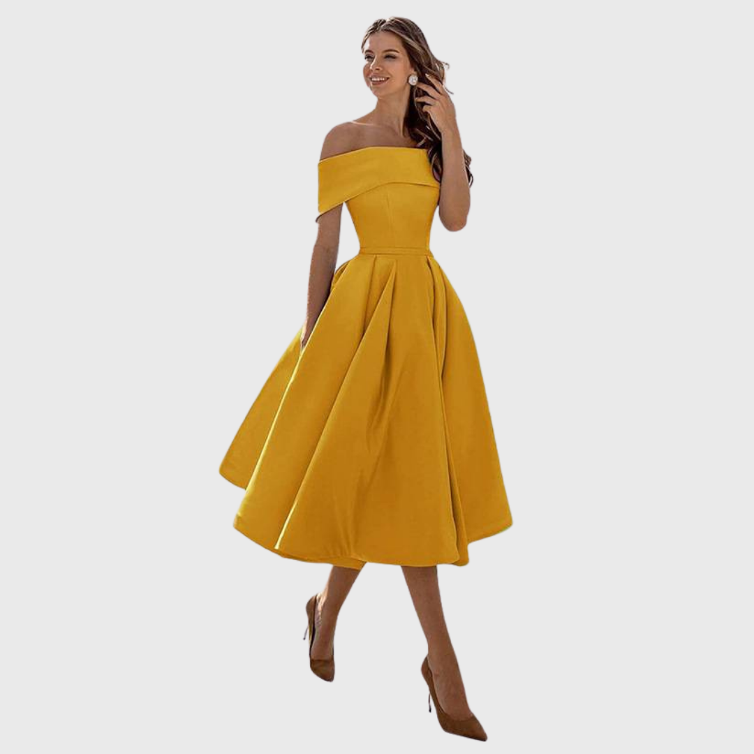 Romy - Chic Off-the-Shoulder Drapé Maxikleed
