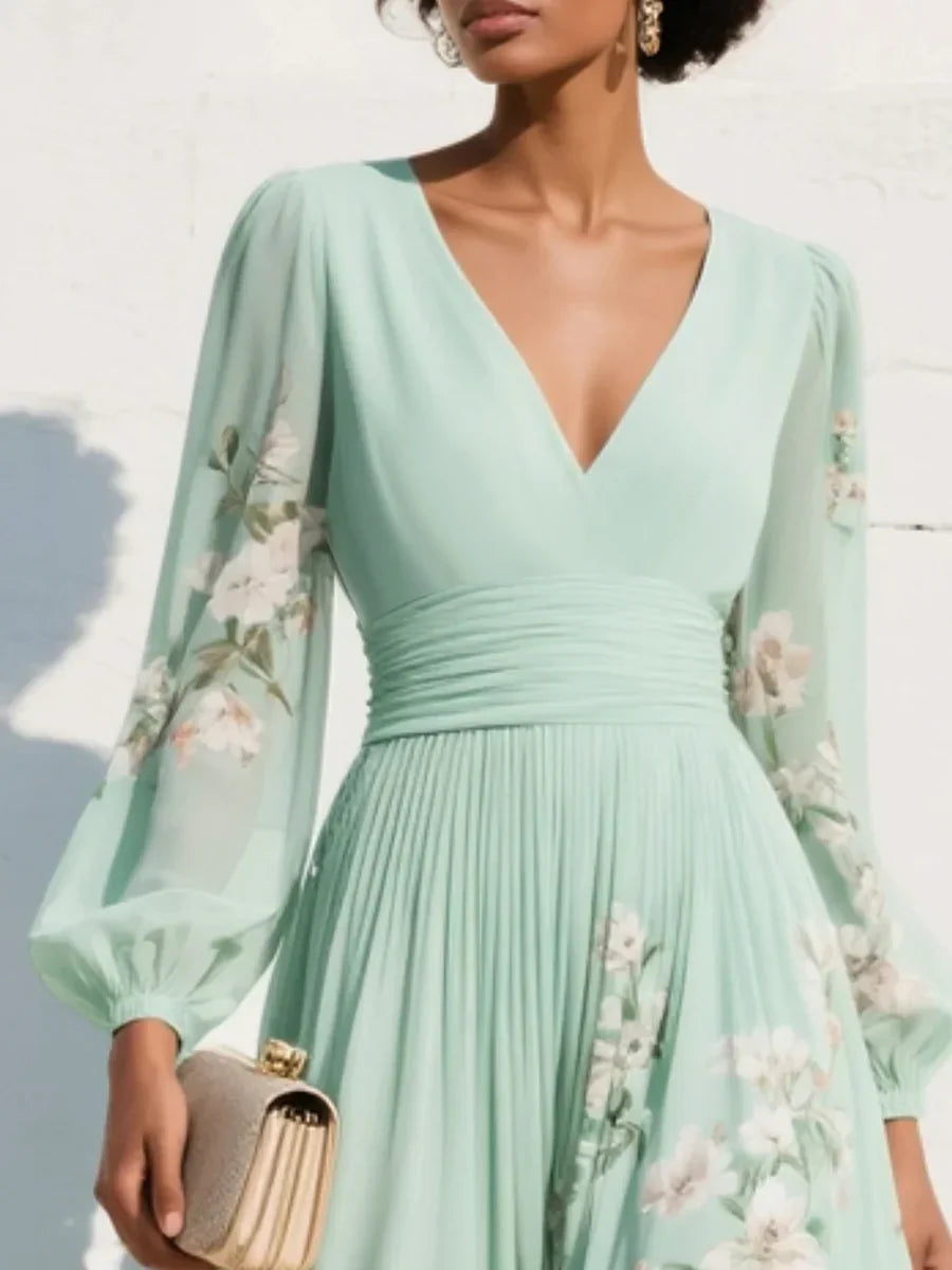 Elga - Maxi plissé jurk in chiffon met bloemenpatroon
