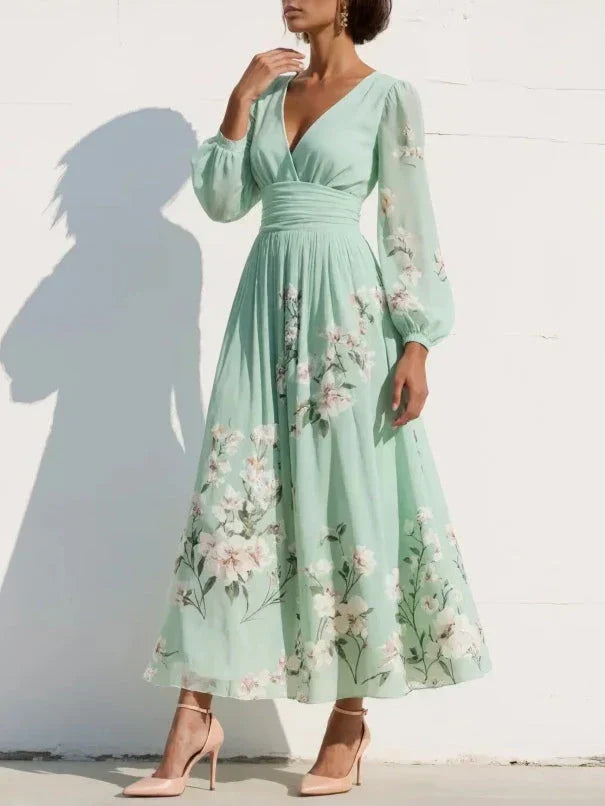 Elga - Maxi plissé jurk in chiffon met bloemenpatroon