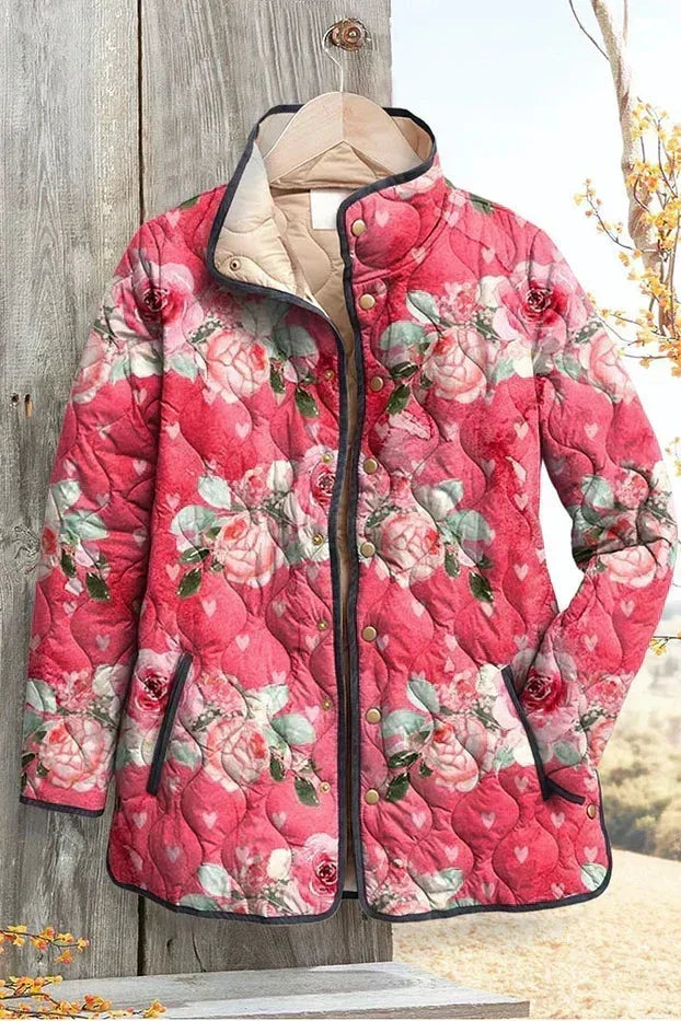 Zora – Gewatteerde jas met grote rozenprint, roze
