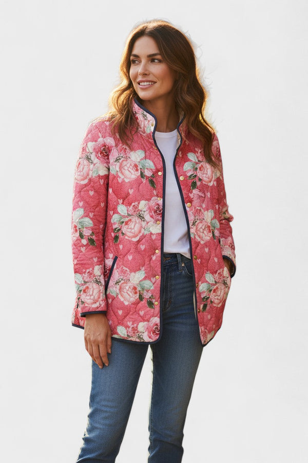 Zora – Gewatteerde jas met grote rozenprint, roze