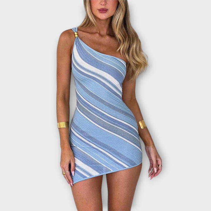 Kira - Trendy Een-Schouder Tricot Mini Jurk