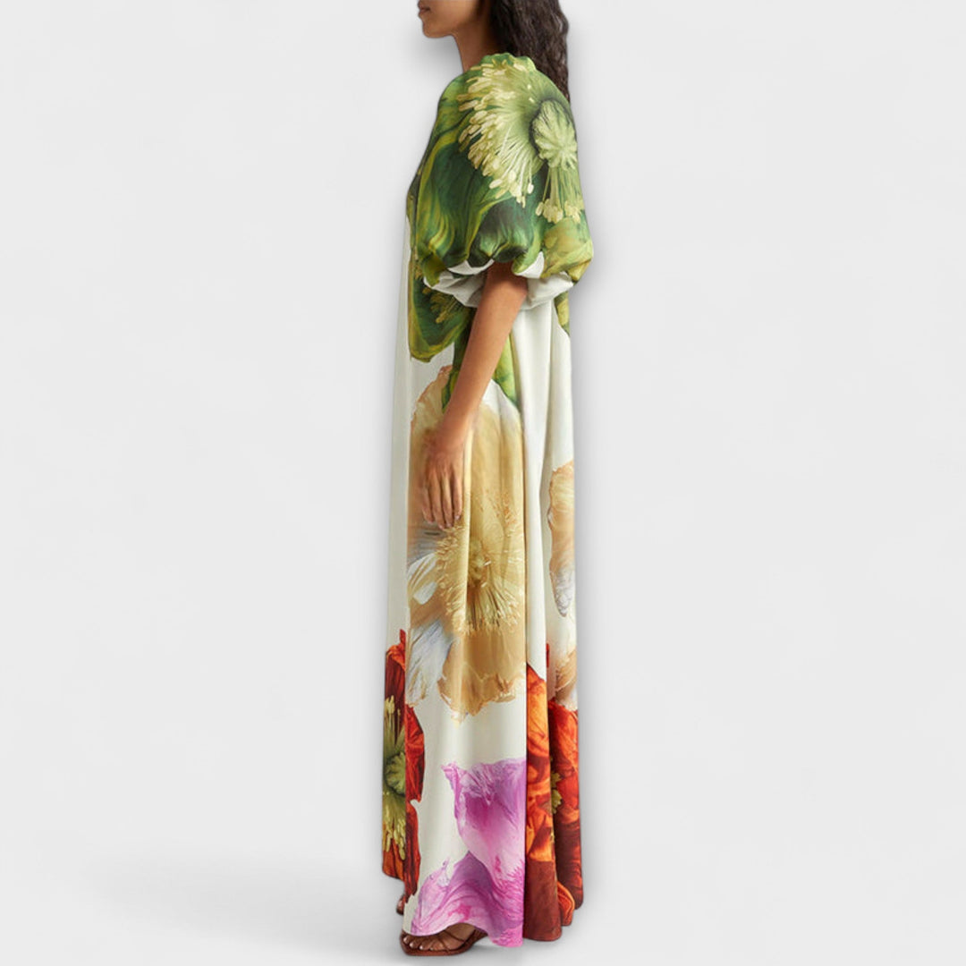 Skylar - Maxikleed met bloemenprint, schuine halslijn en puffmouwen