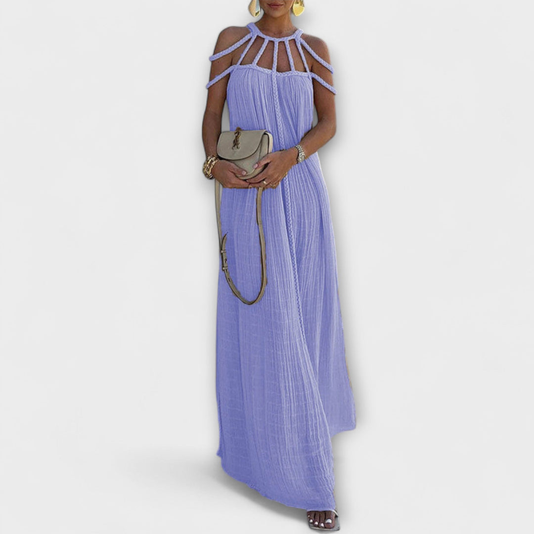 Briar - Een chique maxidress van gemengd weefsel met gedrapeerde vlechten