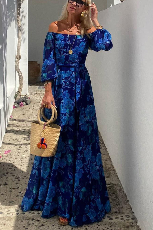 Cosette | Gebloemde off-shoulder maxijurk met driekwartmouwen voor trouwgasten