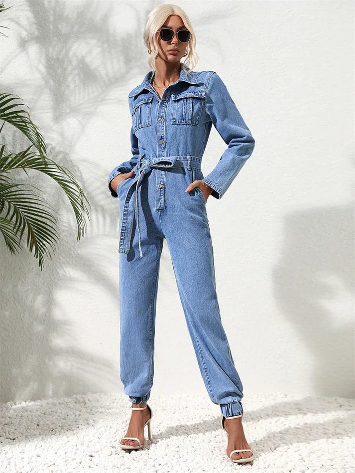 Amabel | Losse jeansjumpsuit met riem en lange mouwen voor dames