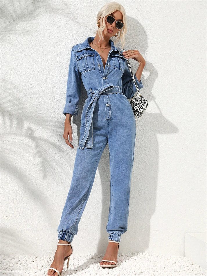 Amabel | Losse jeansjumpsuit met riem en lange mouwen voor dames
