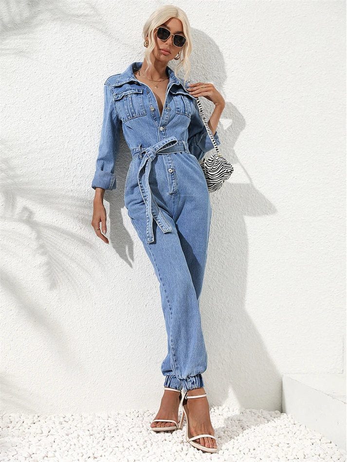 Amabel | Losse jeansjumpsuit met riem en lange mouwen voor dames