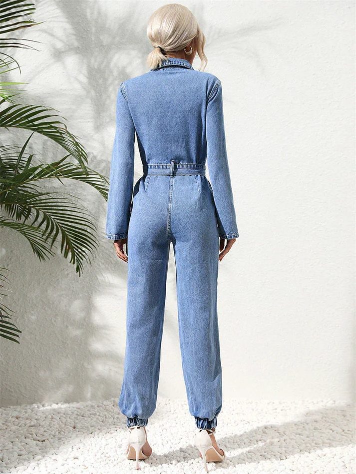 Amabel | Losse jeansjumpsuit met riem en lange mouwen voor dames