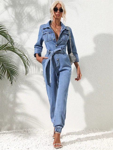 Amabel | Losse jeansjumpsuit met riem en lange mouwen voor dames