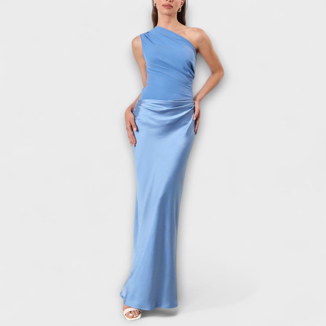 Elegante Een-Schouder Plissé Maxi Jurk