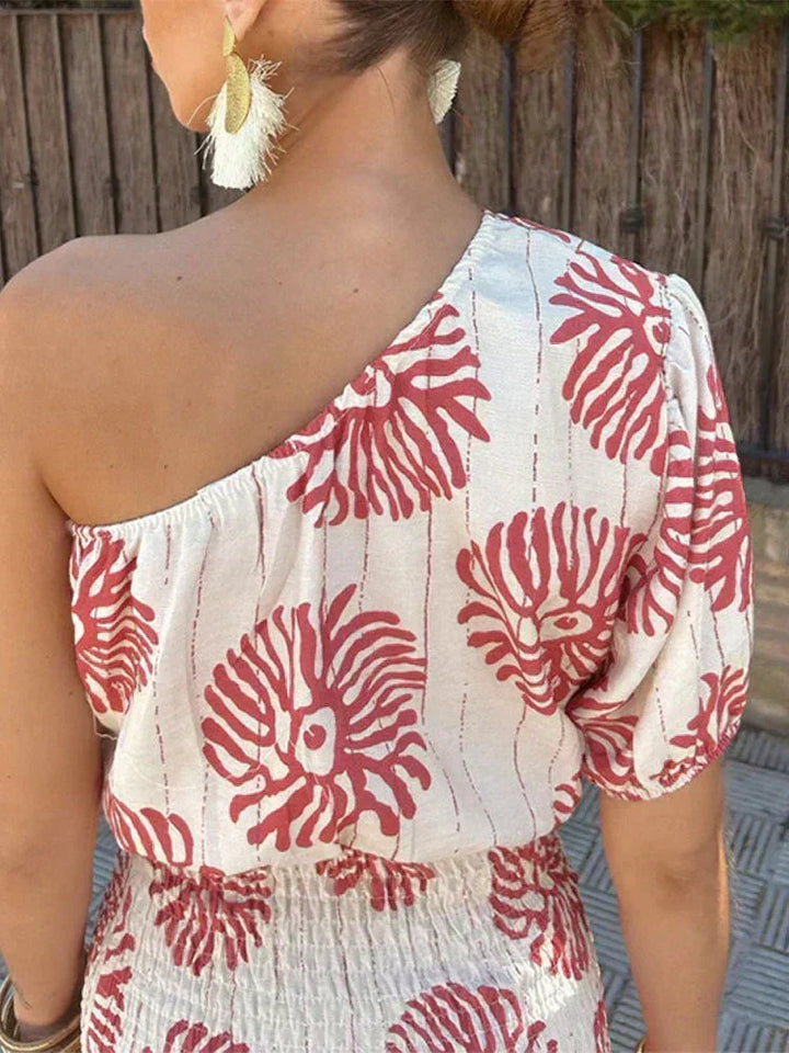 Lisette | Gebloemde one-shoulder jurk voor trouwgasten