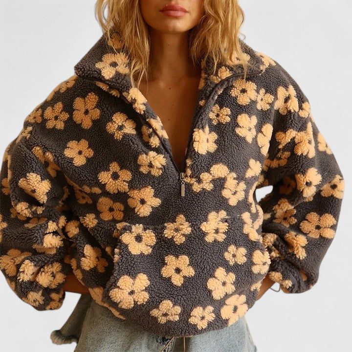 Briony | Fleece trui met halve rits en bloemenmotief voor dames